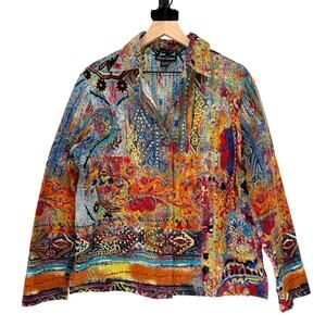 Gaudy Couture Womens L Top Colorful Abstract Paisley Boho Tapestry Jacket